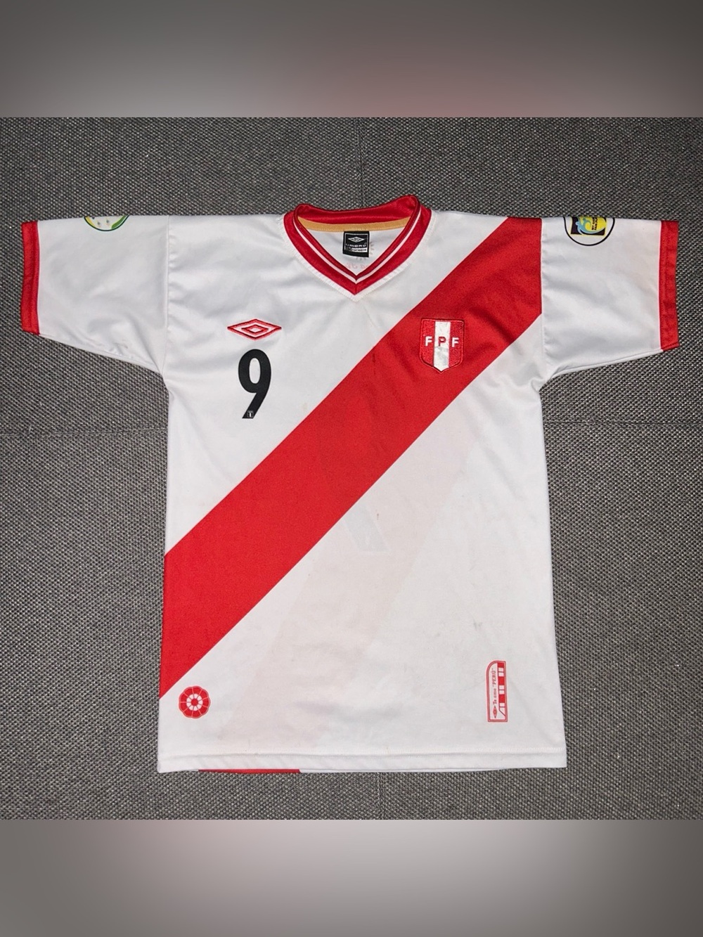 Umbro White and Red Peru Diagonal Soccer Jersey #9